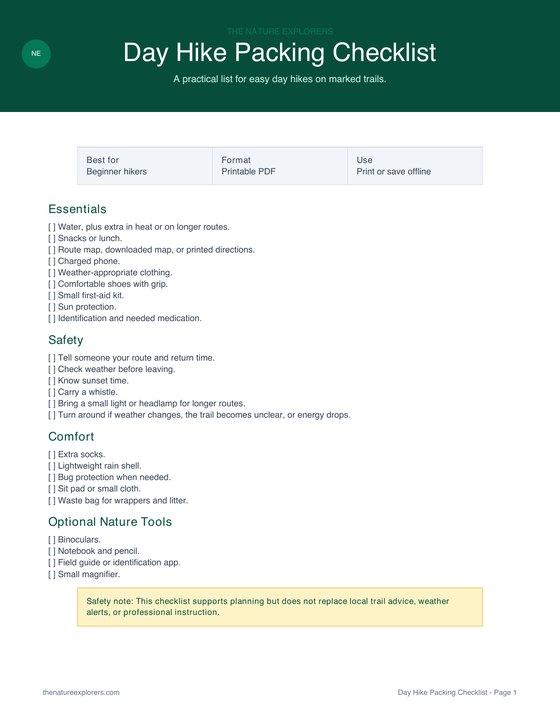 Preview of the Day Hike Packing Checklist printable PDF