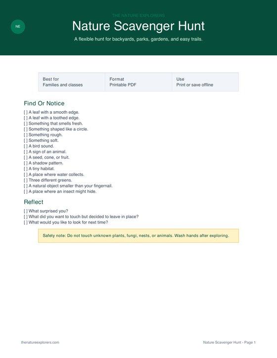 Preview of the Nature Scavenger Hunt printable PDF